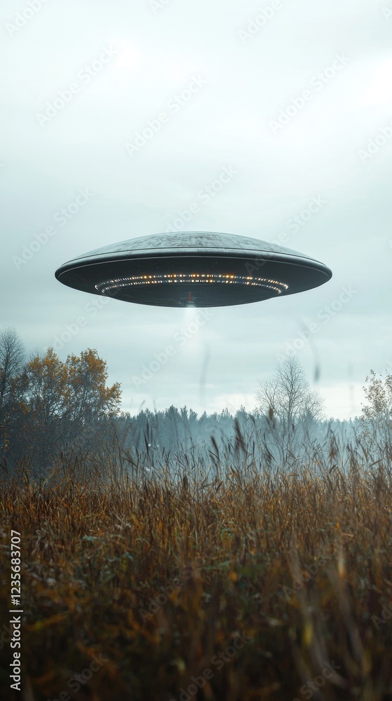 Fototapeta premium Dramatic UFO Hovering Over a Foggy Field in a Mysterious Setting