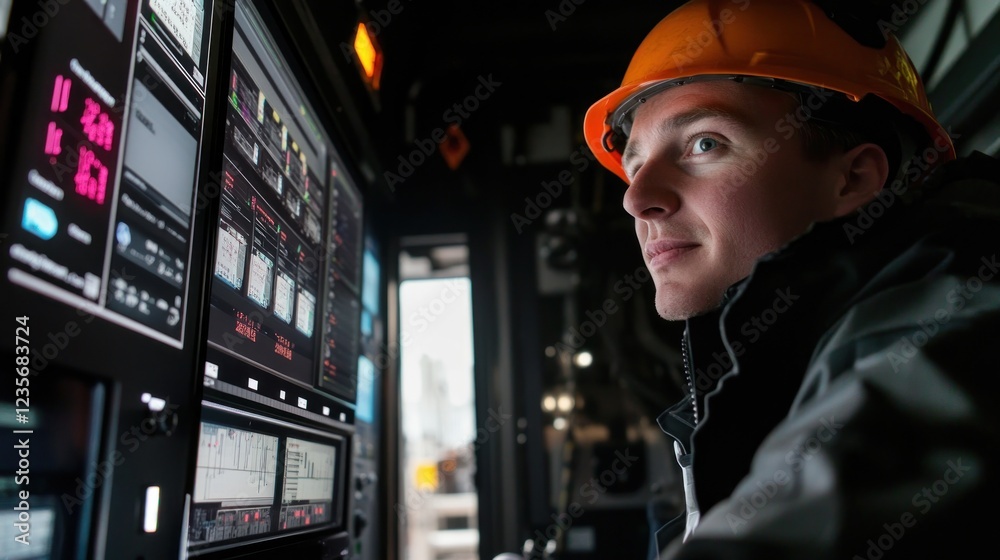 A focused worker in a safety helmet operates high-tech equipment in an industrial setting. A focused worker in a safety helmet operates high-tech equipment in an industrial setting.