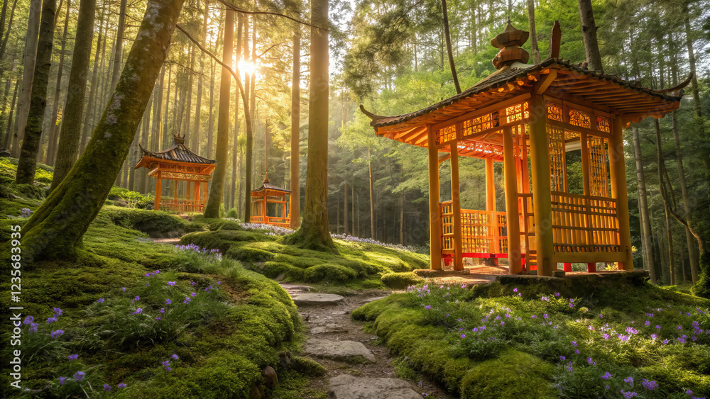 serene forest scene featuring traditional wooden pavilions surrounded by lush greenery and vibrant flowers. Sunlight filters through trees, creating tranquil atmosphere serene forest scene featuring traditional wooden pavilions surrounded by lush greenery and vibrant flowers. Sunlight filters through trees, creating tranquil atmosphere