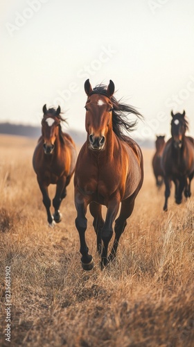 Majestic Horses Galloping Through Open Field During Golden Hour