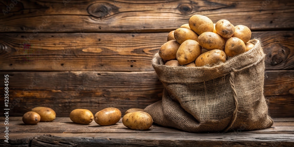 Fresh ripe potatoes piled high in a worn brown burlap bag hung from a rustic wooden beam, grain, natural, grain, natural, wood Fresh ripe potatoes piled high in a worn brown burlap bag hung from a rustic wooden beam, grain, natural, grain, natural, wood