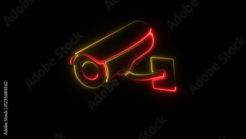 Neon CCTV - Security camera icon on black background. Glowing neon icon camera icon.