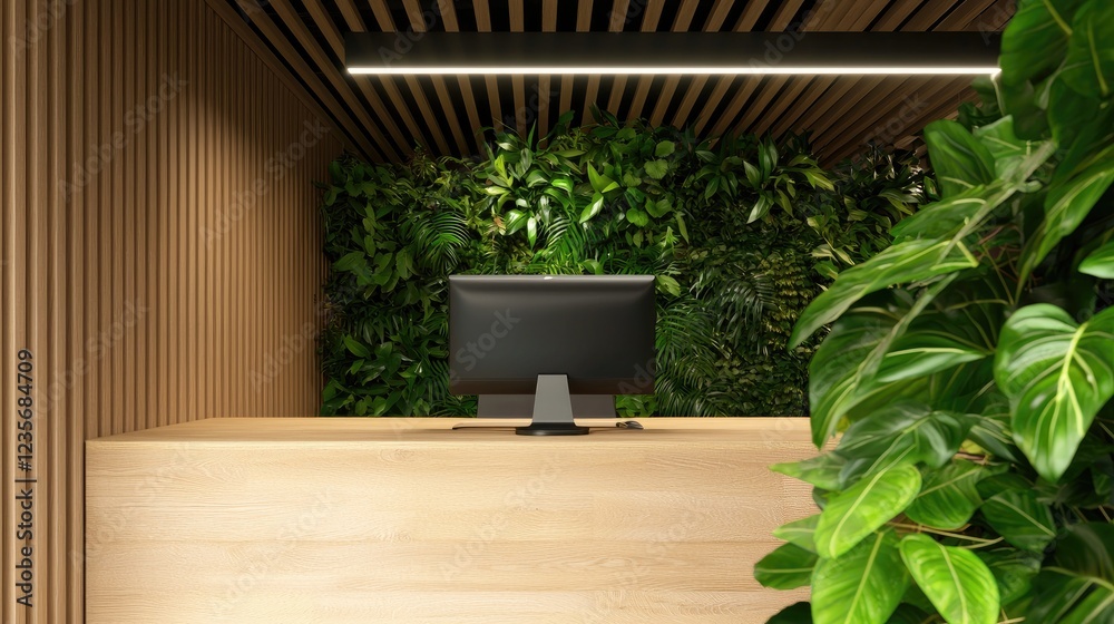 A modern workspace featuring a wooden reception desk, a computer monitor, and lush greenery creating a calming atmosphere. A modern workspace featuring a wooden reception desk, a computer monitor, and lush greenery creating a calming atmosphere.