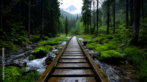 Rainy mountain forest boardwalk path