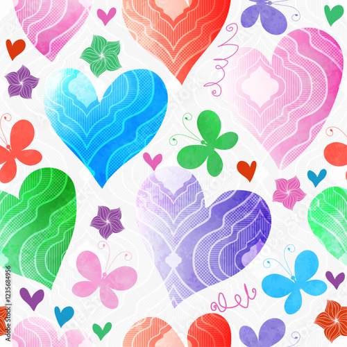Vector seamless valentines patterns with watercolor hearts, flowers and butterflies on a white background. For textiles, wallpaper and packaging.