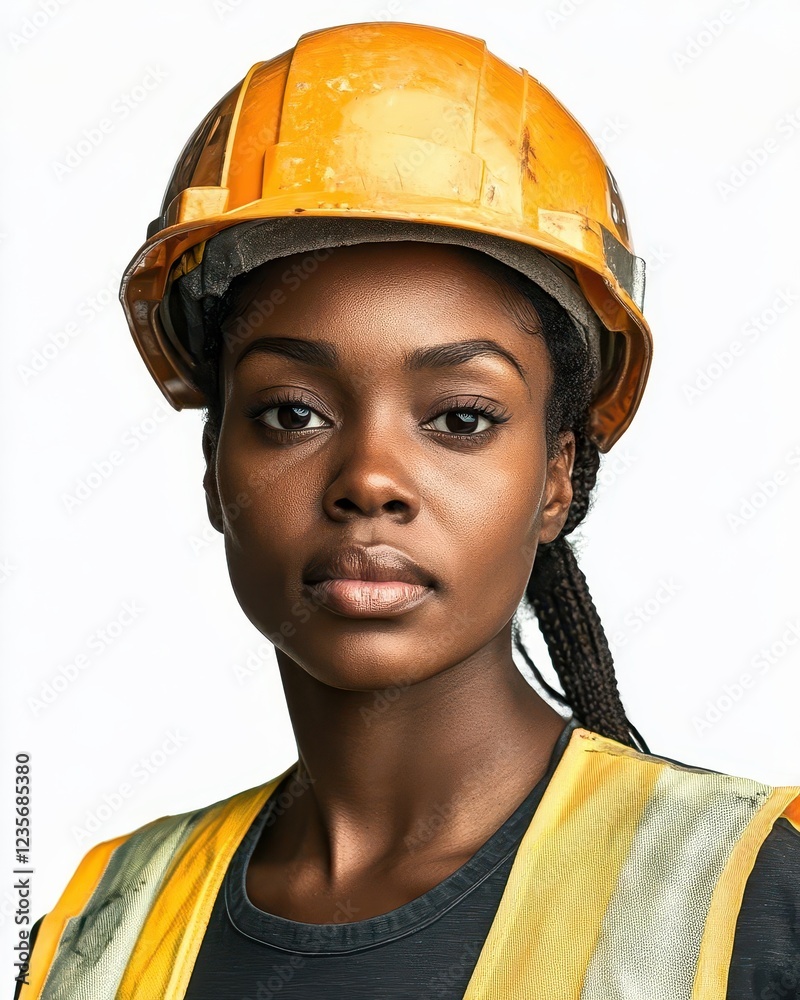 Portrait of a Black Female Construction Worker Isolated on White Background Highlighting Strength and Diversity Portrait of a Black Female Construction Worker Isolated on White Background Highlighting Strength and Diversity