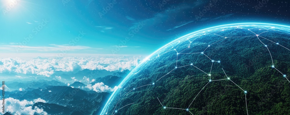 Obraz premium A digital representation of Earth connected by a network, with clouds and a bright sky, symbolizing technology and global connectivity.
