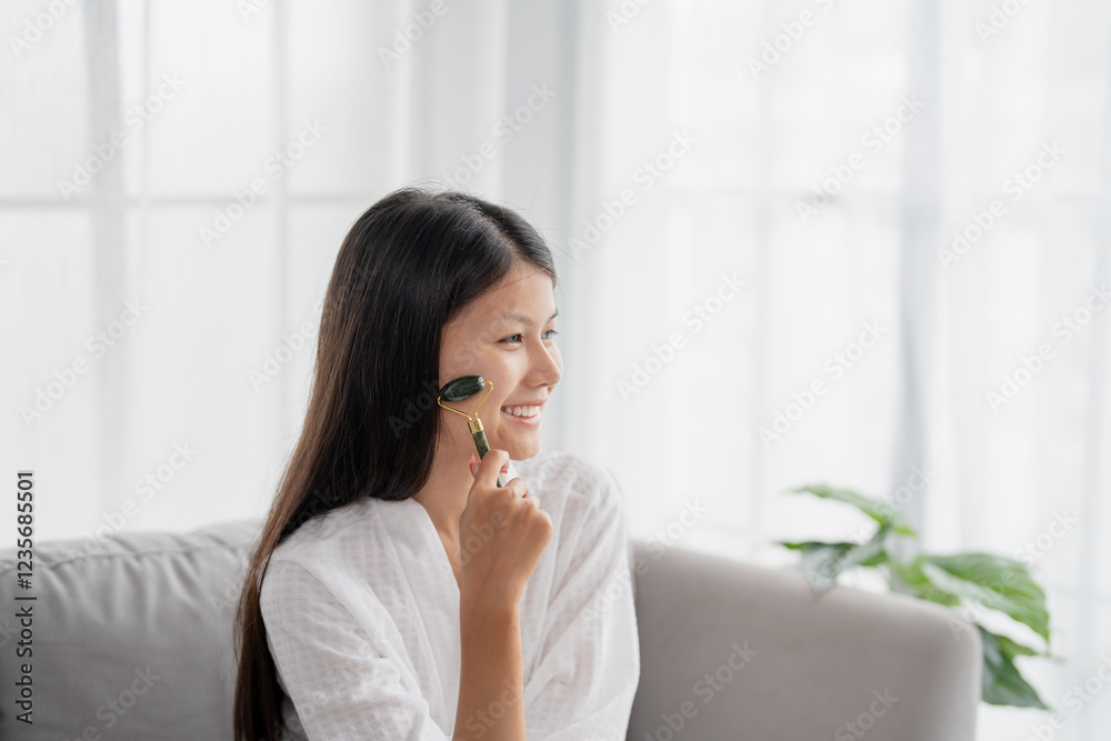 Daily beauty routine Asian woman self care doing gua sha facial massage Traditional medicine Gua Sha quartz stone Cosmetic natural trend. Daily beauty routine Asian woman self care doing gua sha facial massage Traditional medicine Gua Sha quartz stone Cosmetic natural trend.