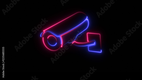 Neon CCTV - Security camera icon on black background. Glowing neon icon camera icon.