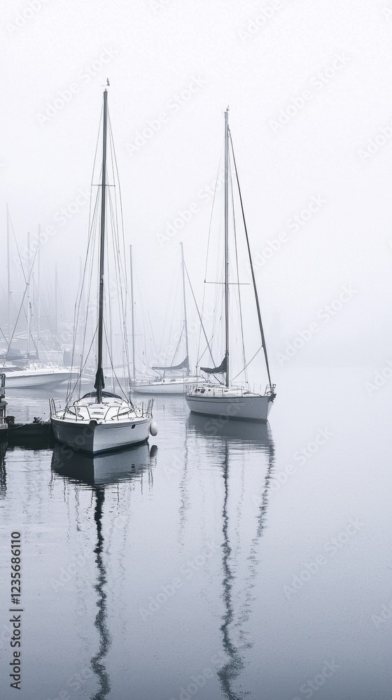 Fototapeta premium Misty Harbor Scene with Sailboats in Tranquil Water Reflection