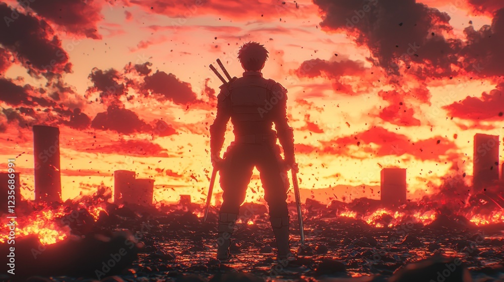 Obraz premium Warrior sunset city destruction battle scene