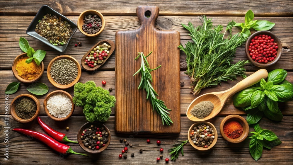 Aromatic herbs and spices on a wooden cutting board, herbs, wood Aromatic herbs and spices on a wooden cutting board, herbs, wood