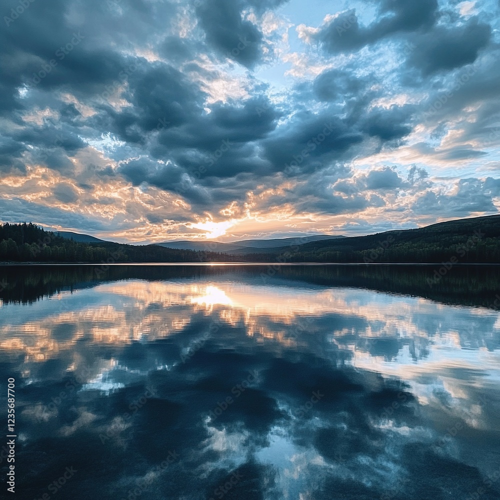 Obraz premium Serene lake reflecting sunset cloudscape.