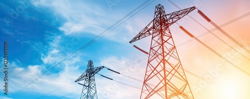 The image shows tall electricity pylons against a bright sky, illustrating power lines and the infrastructure of electrical energy distribution. photo