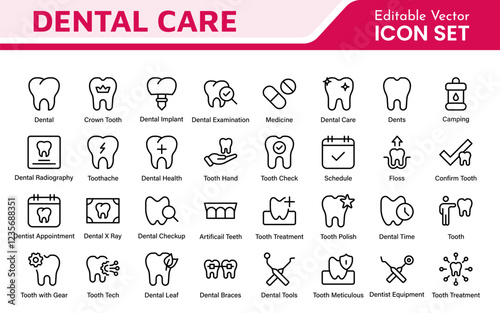 Dental Icon Set. A comprehensive collection of vibrant and professional icons for dental practices, perfect for patient communication to promote oral health awareness.