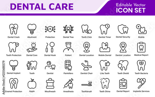 Dental Icon Set. A comprehensive collection of vibrant and professional icons for dental practices, perfect for patient communication to promote oral health awareness.