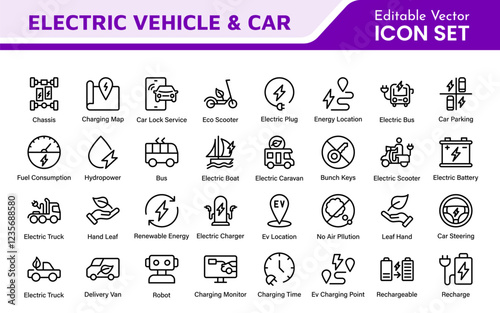 Electric Vehicle and Car Icon Set. A modern collection of icons showcasing electric transportation, perfect for enhancing automotive apps, websites, and sustainability initiatives.