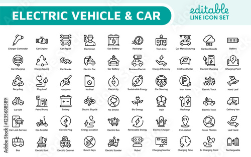 Electric Vehicle and Car Icon Set. A modern collection of icons showcasing electric transportation, perfect for enhancing automotive apps, websites, and sustainability initiatives.