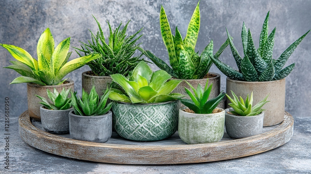 Fototapeta premium Succulents, potted plants, tray, grey background, home decor