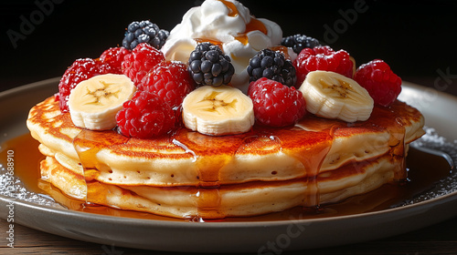 Dutch Pannenkoeken with Fresh Berries, Banana Slices, Whipped Cream, and Syrup photo