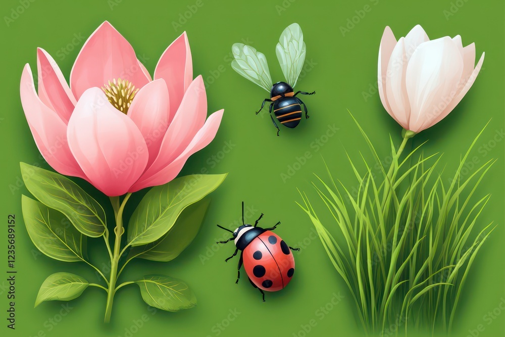A vibrant icon set with spring essentials: a magnolia flower, green grass, a ladybug, and a buzzing bee. A vibrant icon set with spring essentials: a magnolia flower, green grass, a ladybug, and a buzzing bee.