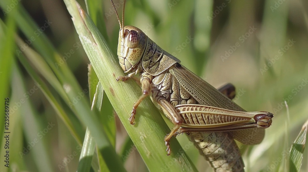 Fototapeta premium Detailed Close-Up of a Grasshopper on a Green Blade of Grass