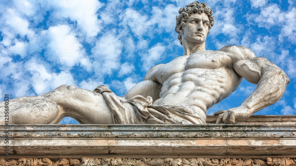 Fototapeta premium Striking Marble Statue Against a Blue Sky with Cloud Formation