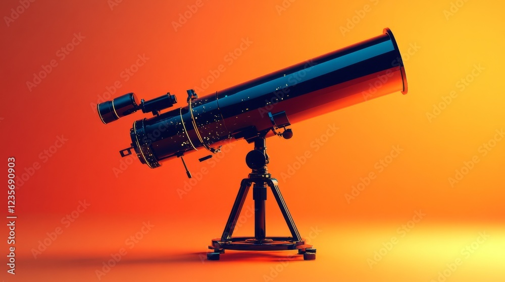A modern high-tech black telescope with neon highlights, pastel orange gradient background A modern high-tech black telescope with neon highlights, pastel orange gradient background