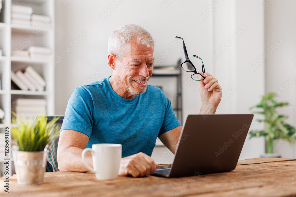 Overjoyed middle-aged man at home desk talk on video call on modern laptop, happy excited senior male greeting speak on web using laptop, technology concept Overjoyed middle-aged man at home desk talk on video call on modern laptop, happy excited senior male greeting speak on web using laptop, technology concept