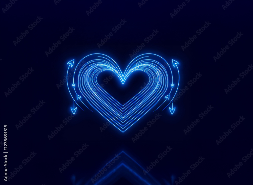 A glowing blue heart formed from swirling lines and arrows, reflecting on a dark background. The design evokes feelings of love and movement. A glowing blue heart formed from swirling lines and arrows, reflecting on a dark background. The design evokes feelings of love and movement.