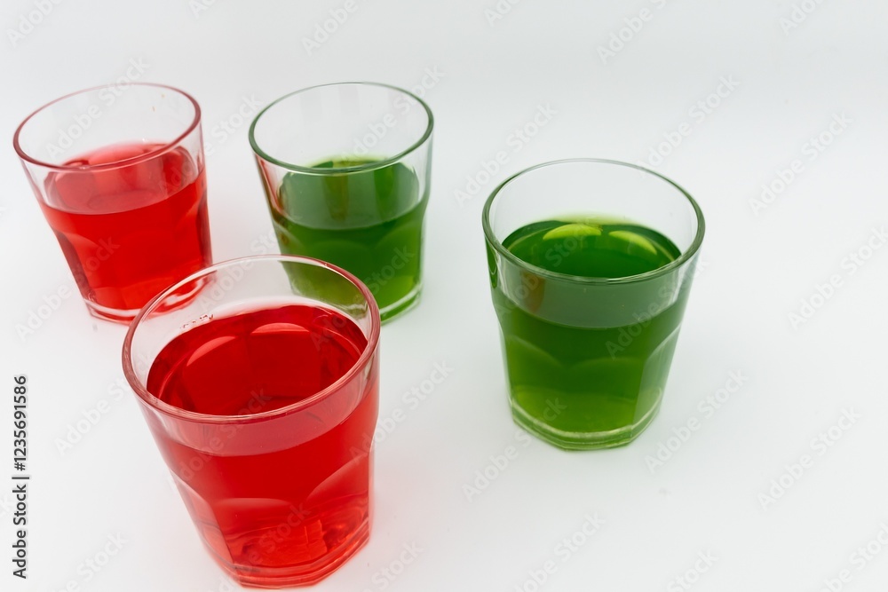 Four glass cups with red and green drinks on a white background Four glass cups with red and green drinks on a white background