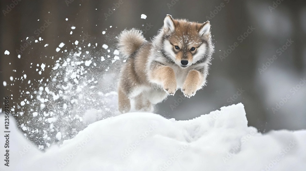 Obraz premium Energetic husky puppy playing in fresh snow 