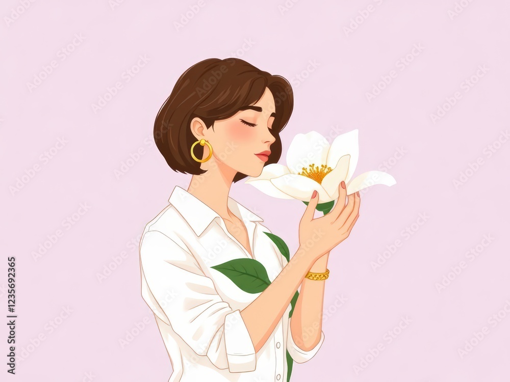 Illustration of woman smelling a large white flower Illustration of woman smelling a large white flower
