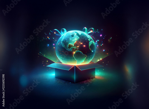 Wallpaper Mural A glowing Earth emerges from a gift box, surrounded by vibrant light and ribbons, symbolizing a global gift or discovery. Torontodigital.ca