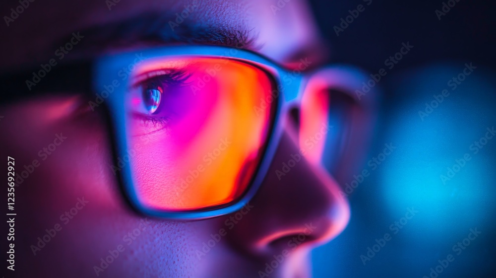 Close-Up Profile of Person with Colorful Glasses and Intense Expression Close-Up Profile of Person with Colorful Glasses and Intense Expression