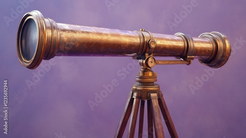 Wallpaper Mural A rustic bronze telescope on a wooden tripod, muted lavender background  Torontodigital.ca