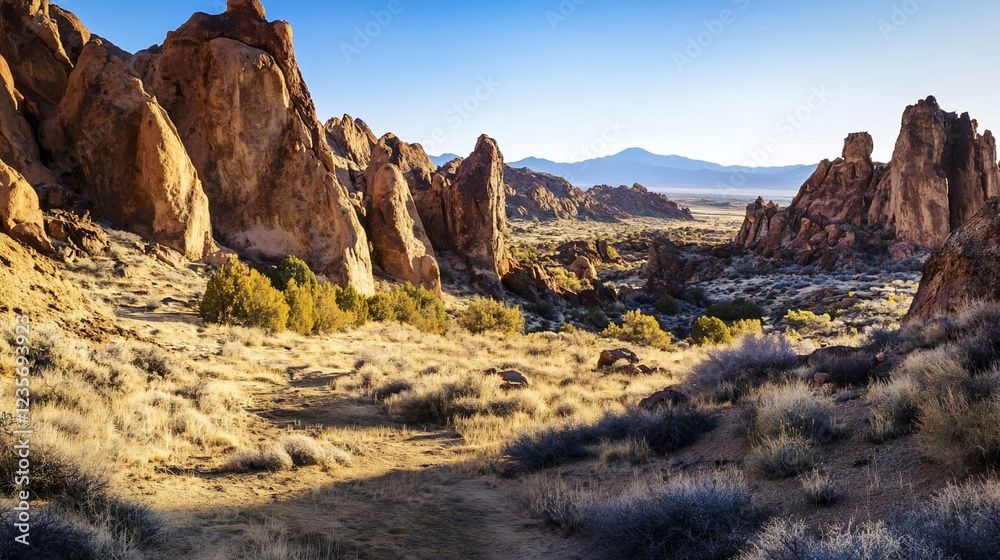 Fototapeta premium Scenic landscape of rocky formations with sparse vegetation and mountains in distance