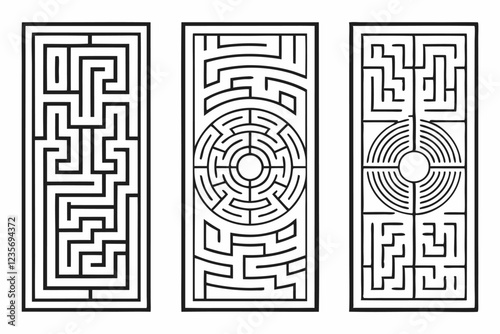 A digital artwork featuring three black and white maze designs arranged in a row. The mazes are intricate and complex, with multiple paths and dead ends. The mazes are symmetrical and have a grid-like