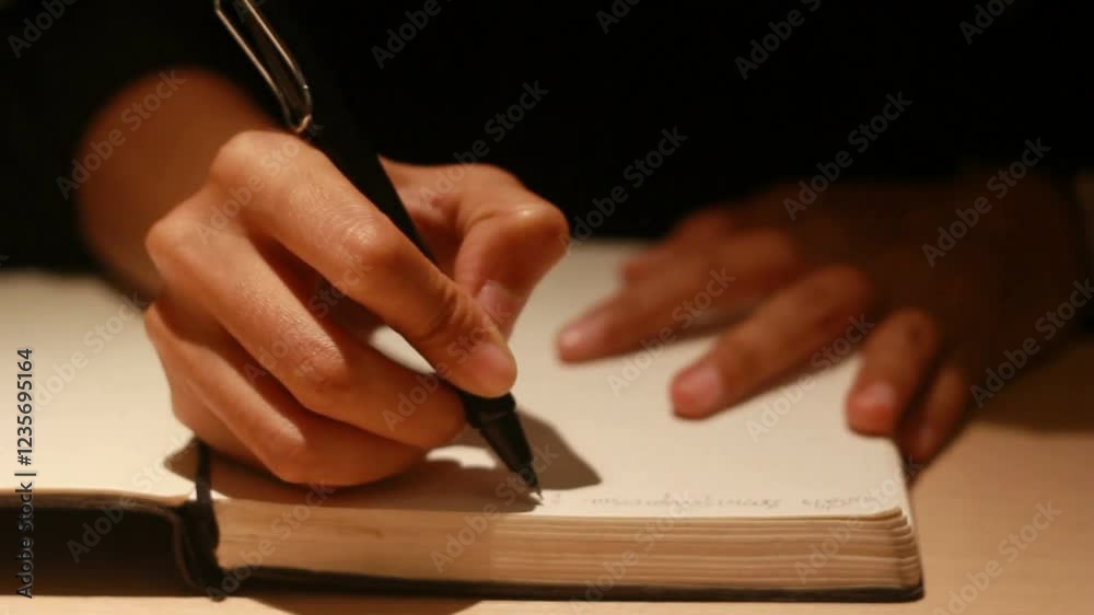 Student college writing notes in classroom. write text notebook during the lesson study education