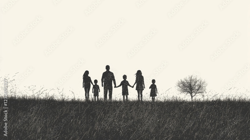 Family silhouette, field, sunset, togetherness, unity, stock photo Family silhouette, field, sunset, togetherness, unity, stock photo