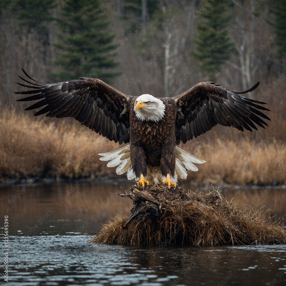 A regal bald eagle spreading its wings wide A regal bald eagle spreading its wings wide