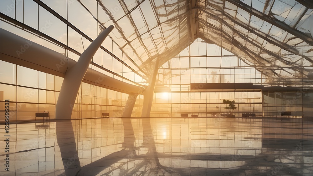 As it sits in the gentle golden light of the early morning, the airport building at daybreak, with its sleek modern architecture and large glass windows, evokes a sense of possibilities and anticipati As it sits in the gentle golden light of the early morning, the airport building at daybreak, with its sleek modern architecture and large glass windows, evokes a sense of possibilities and anticipati