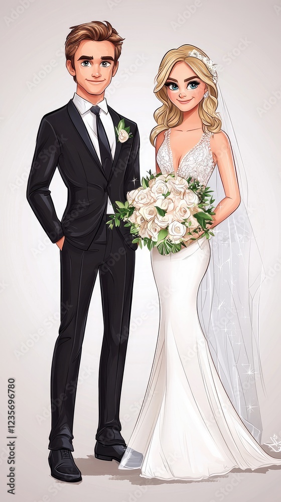 Couple wedding portrait, elegant attire, flowers, simple background, invitation design