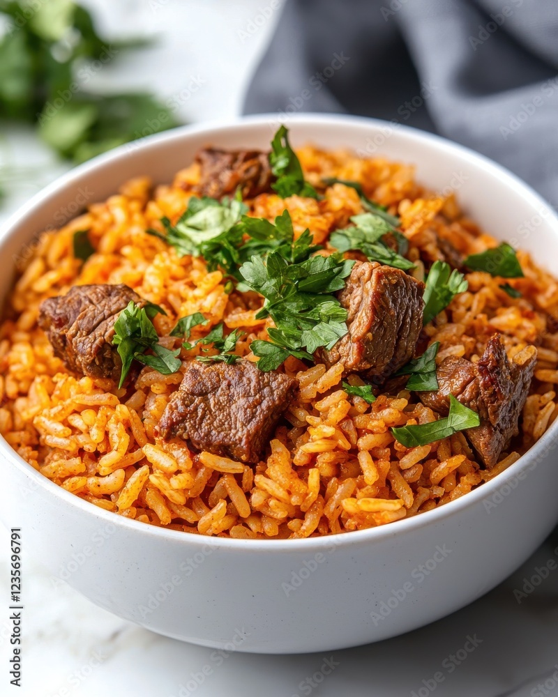 A vibrant bowl of flavorful rice topped with tender beef and fresh herbs, showcasing a delicious and hearty meal. A vibrant bowl of flavorful rice topped with tender beef and fresh herbs, showcasing a delicious and hearty meal.