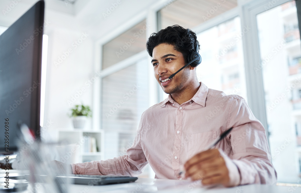 Office, businessman and computer with headset for call center, customer service and research for sales. Career, male person and consultant with mic for telemarketing, support and writing information Office, businessman and computer with headset for call center, customer service and research for sales. Career, male person and consultant with mic for telemarketing, support and writing information