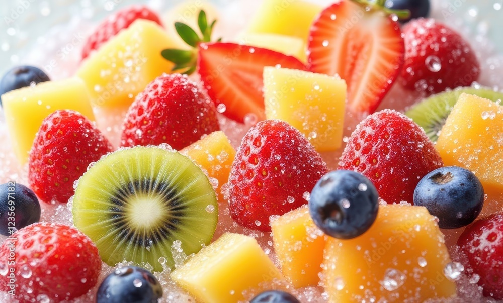 Vibrant mixed fruit platter with bubbles Vibrant mixed fruit platter with bubbles