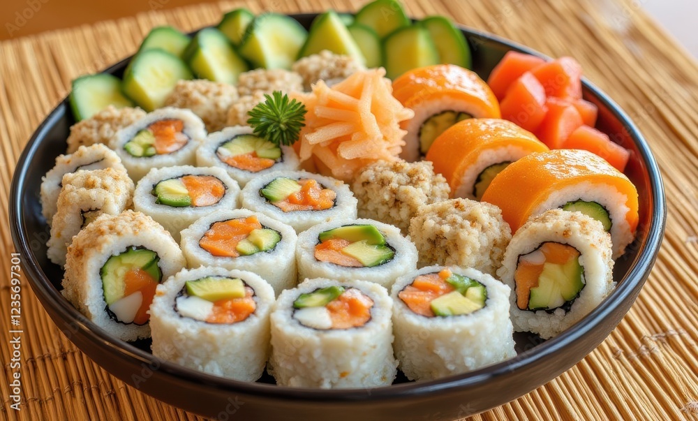 Colorful sushi platter with various rolls Colorful sushi platter with various rolls