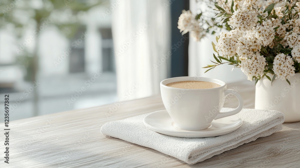 Coffee, flowers, window view, relaxing morning Coffee, flowers, window view, relaxing morning