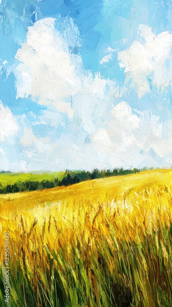 Obraz premium Vibrant Golden Field Under Blue Sky with Fluffy White Clouds