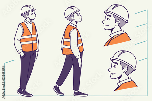 Construction worker, character design, animated style, flat illustration, orange safety vest, white hard hat, different poses, body parts, facial expressions, modular design, customizable avatar, vect